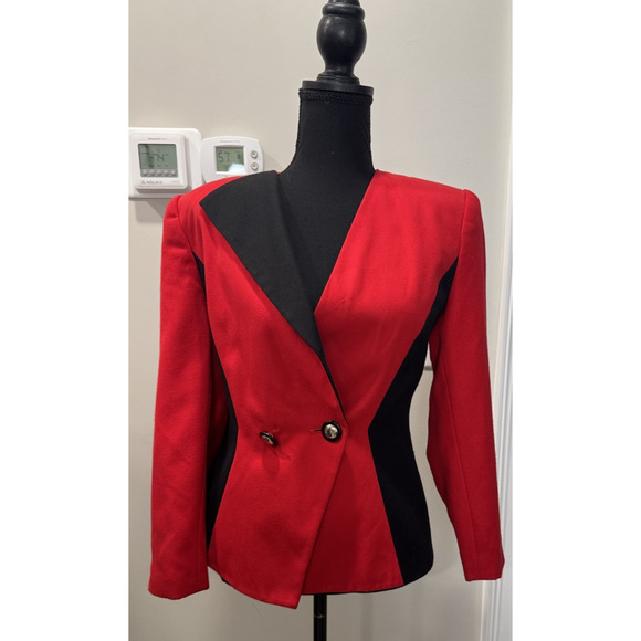 Petite Sophisticate Blazer Red Black Cinched 80s Twee Shoulder Pads Retro Office - Picture 1 of 12